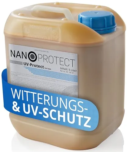Nanoprotect UV-Protect Holzöl 5L - Garapa hellbraun - Hochwertiges Holzöl mit UV- und Witterungsschutz für ca. 35-50 m². Ideal zur Auffrischung des Holzcharakters, wasserbasiert und schnell trocknend. Perfekt für Innen- und Außeneinsatz.