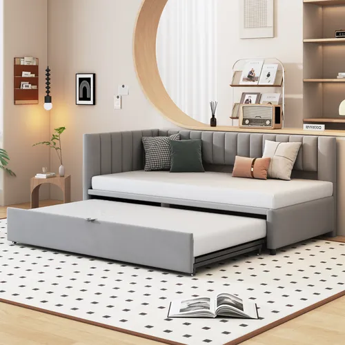 MODFU L-förmiges Schlafsofa Tagesbett mit Ausziehbett 90/180*200cm, Multifunktionales Polsterbett Daybett, Kinderbett Jugendbett, Hellgrau(Ohne Matratze)