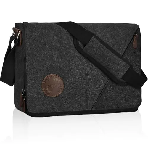 Eshow Umhängetasche Herren 14 Zoll Wasserabweisend, Laptoptasche Messenger Bag aus Echtleder und Canvas, Arbeitstasche Schultertasche Vintage für Arbeit Uni Freizeit Büro Schwarz