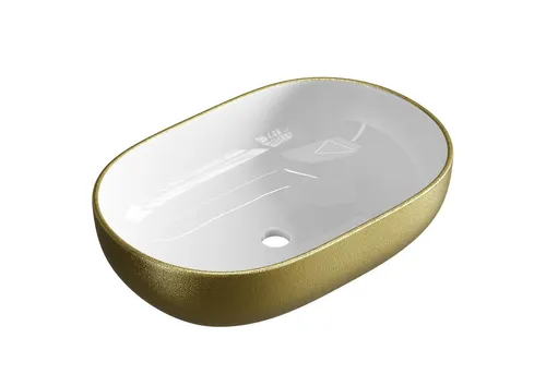 Planetmöbel Ovales Aufsatzwaschbecken 60 cm - Hochwertiges Keramik-Waschbecken in elegantem Gold, ideal für stilvolle Badezimmergestaltungen. Maße: 60x40x15 cm, ovaler Form.