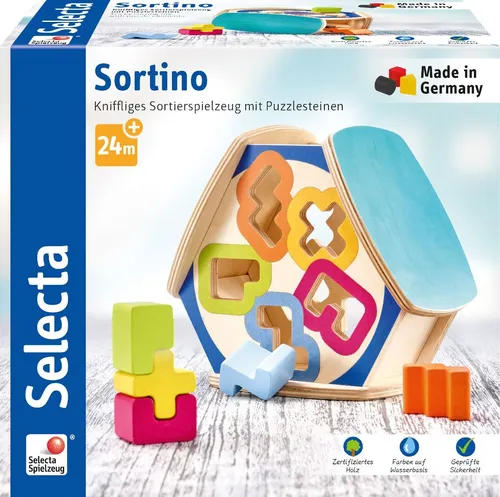 Selecta 62066 Sortino - Sortierbox aus Holz - Sortier- & Stapelspielzeug, fördert gezielt die Motorik mit fröhlichem Spielspaß. Liebevolle Handarbeit aus hochwertigem Holz, robust und langlebig. Hergestellt in Deutschland, sicher und ungiftig.