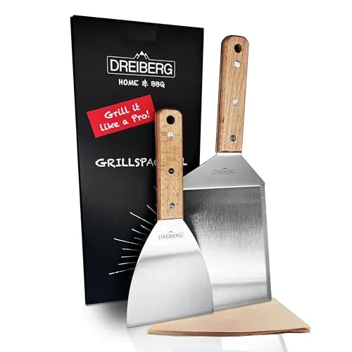 DREIBERG® Grillspachtel Set mit Buchenholz und Edelstahl inkl. 20 STK. Burgerpapier - Grill Pfannenwender für Smash Burger Set ideal als Smashed-Burger-Presse