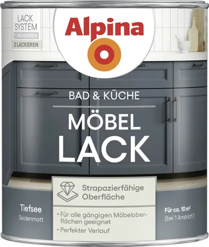 Alpina Bad & Küche Möbel-Lack Tiefsee – Seidenmatter Lack für Holz & MDF - Möbelfarbe für Bad- und Küchenmöbel, feuchtraumgeeignet und hochdeckend. Ideal für DIY-Renovierungen mit pflegeleichter und abriebfester Oberfläche.