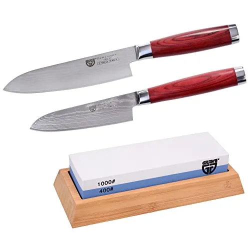 GRÄWE Damastmesser Set mit Wetzstein - Hochwertiges Damaszener Messerset in Silber und Rotbraun. Inklusive Wetzstein für optimale Schärfe und Langlebigkeit. Ideal für präzises Schneiden in der Küche.