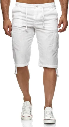 Reslad Leinen Cargo Shorts Männer Strandhose Herren Leinenhose 3/4 Hose Freizeit Kurze Hosen Sommer Bermudas RS-3001 Weiß S