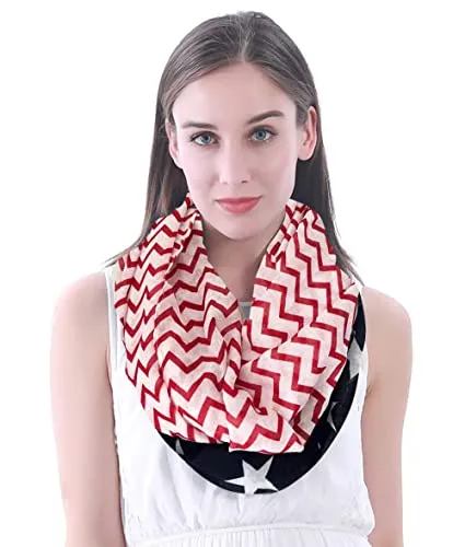 Lina & Lily Damen Loop Schal mit Stern-Print (Dunkelblau Rot Weiß - Chevron)