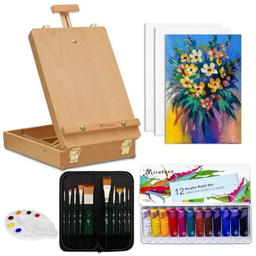 Acrylfarbe Set für Künstler 27-teiliges, Tischstaffelei, 12 Acrylfarben,10 Acrylpinsel,Palette und 3 Leinwandpaneele, Geeignet für Kinder Erwachsene, Künstler, Studenten