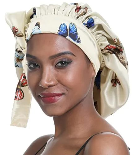 SENGTERM Satin Schlafmütze Doppelschicht Elastisch Satin Bonnet Schluchtrmütze Breites seidiges Band für Schwarze Frauen mit langem und lockigem Haar (Butterfly)