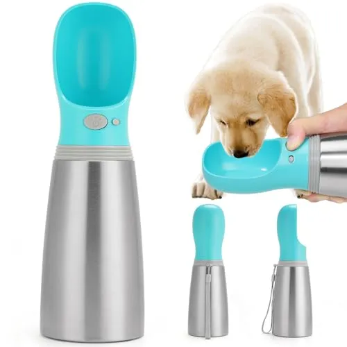 Tragbare Hundewasserflasche, 680 ml, Edelstahl, auslaufsicher, Welpen-Wasserspender mit Trink-Futterspender für Haustiere, Reisen, Spazierengehen, Wandern und Outdoor-Aktivitäten