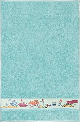 Erwin Müller Walk-Frottier Kinder-Badetuch mit Baustellen-Bordüre türkis Größe 70x110 cm - schnell trocknend und extra saugstark, mit beidseitige Schlaufen