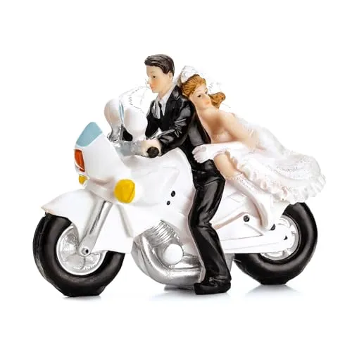 PartyDeco Tortenfigur Hochzeit 11,5cm - Brautpaar Figuren auf Motorrad - Hochzeitstorte Deko Tortendeko Tortenaufsatz Cake Topper - Hochzeitsdeko Torte - Hochzeitstortenfiguren Weiß Schwarz