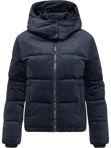 Ragwear Damen Winterjacke warme Steppjacke in Samtoptik Teddyjacke mit verstellbarer und abnehmbarer Kapuze Roobie Velvet YOUMODO Navy Gr. XS