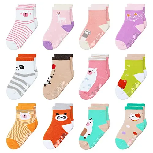 HYzgb Rutschsocken kinder 3-5 Jahre 12 Paar ABS Socken Kinder 26 27 28 alt Stoppersocken kinder mit Baumwolle Crew Socken für Kleinkind Mädchen (Multi-Farben)