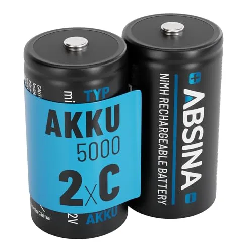 ABSINA 2X LR 14 Batterien C Baby wiederaufladbar 5000 mit geringer Selbstentladung - Akku C Batterien LR14 NiMH mit min. 4500mAh & 1,2V - LR14 Batterie C