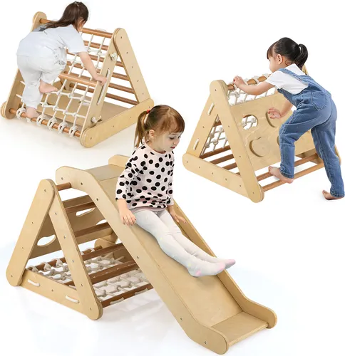 COSTWAY 4in1 Kletterdreieck mit Rutsche - 3-seitiges Klettergerüst aus massivem Holz mit Rutsche, ideal für Kinder ab 1 Jahr. Fördert die motorischen Fähigkeiten und sorgt für sicheren Spielspaß im Kinderzimmer oder Garten.