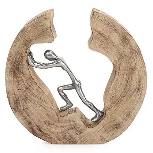 Moritz Skulptur Push and Work - Handgemachte Deko Figur aus Mangoholz - Sammlerfiguren: Einzigartige moderne Deko aus Mango Holz, handgeschnitzt und mit Aluminiumfiguren verziert. Perfekt als Blickfang und Geschenkidee für besondere Anlässe.