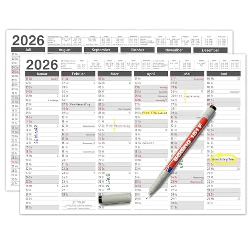 TOBJA abwischbarer Wandkalender 2026 A4 -