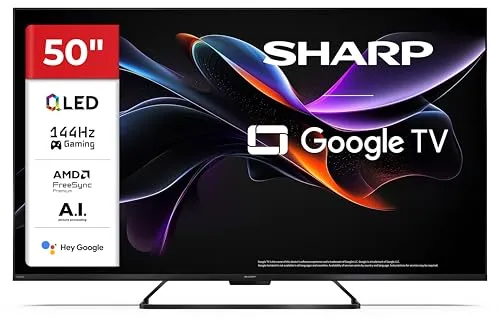 SHARP 50HR7365E 50 Zoll 4K Ultra HD QLED Google TV, 144 Hz | Dolby Vision IQ mit Lichtsensor, Dolby Atmos, DTS:X, AQUOS Wireless Surround sowie HDMI mit VRR, ALLM und eARC.