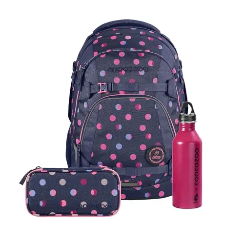 Coocazoo Schulrucksack-Set Mate „Reflective Moons“ 3-teilig, lila, ergonomischer 30L Tornister, mit Brust- und Hüftgurt für Kinder ab der 5. Klasse, inkl. Mäppchen und Edelstahl-Trinkflasche