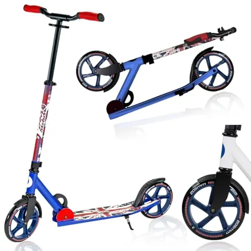 Best Sporting 30439 - Scooter 205 GB blue - Blau - Stylischer Roller im Union Jack-Design, aus pulverbeschichtetem Aluminium, höhenverstellbarer Lenker und klappbar für einfachen Transport. Ideal für Erwachsene bis 100 kg, mit großen 205 mm Rädern für sicheren Fahrspaß.