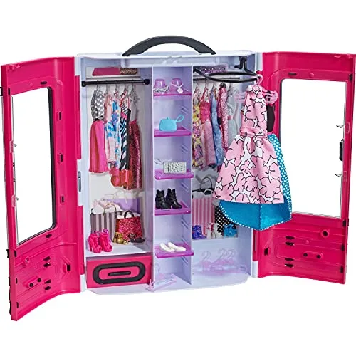 Mattel Barbie DMT57 - Barbie Kleiderschrank - Puppen - Moderner Kleiderschrank für Barbie mit eleganten Details, transparenten Türen und viel Zubehör, ideal für unterwegs und fördert kreatives Spielen.