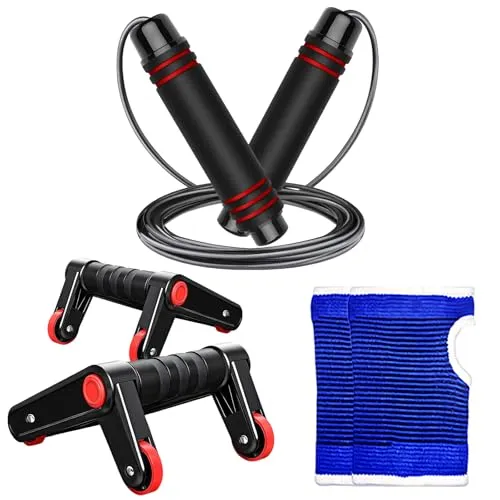 AOUZEA Springseil, Speed Rope Verstellbar mit Hautfreundlichen Schaum Griffe, Faltbare Liegestützgriffe mit Bauchmuskeltraining Funktion und Handschuhen, Heimfitness Set