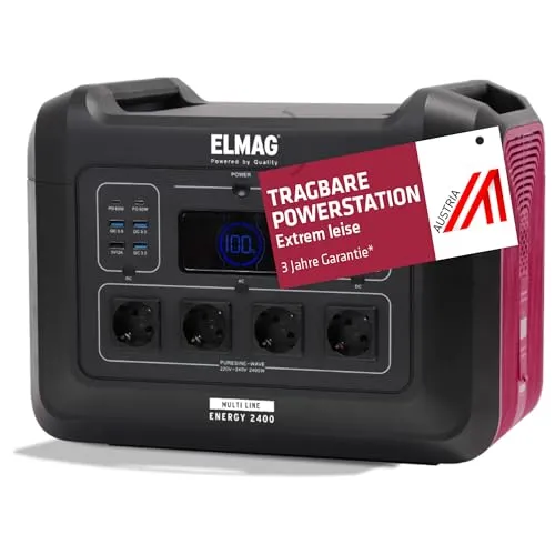 ELMAG Tragbare Powerstation Energy 2400 2232Wh Solargenerator mit LiFePO4 Akku Mobiler Stromspeicher mit 230V/2400W (Spitze 5000W), 230V AC/12V KFZ/USB Ideal für Reisen, Camping & Notstrom