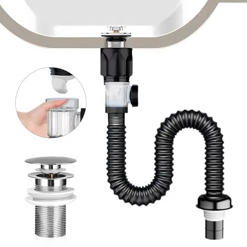 Waschbecken Ablaufgarnitur Kit, Abfluss Küchenspüle Kit Ablaufschlauch mit Pop Up Waschbeckenstöpsel Siphon Flexibel Abflussrohr Bad Waschbecken Abfluss Ausziehbar Von 300-1000mm