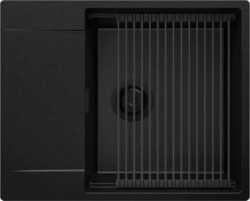 PRIMAGRAN Spülbecken Alles Schwarz 62x50cm, Granitspüle 1 Becken + Ablauf-Set + Aufrollbare Abtropffläche, Küchenspüle ab 50er Unterschrank - San Francisco S078