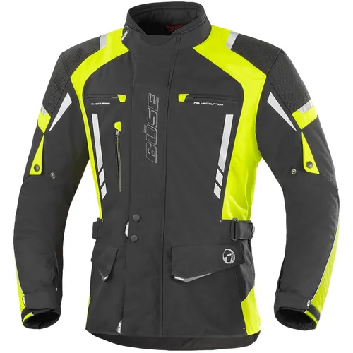 Büse Torino Pro Motorrad Textiljacke 4XL Schwarz/Neon/Gelb - Schutzjacke für Motorradfahrer, bietet optimale Sicherheit und Sichtbarkeit bei Nacht durch neonfarbene Akzente.