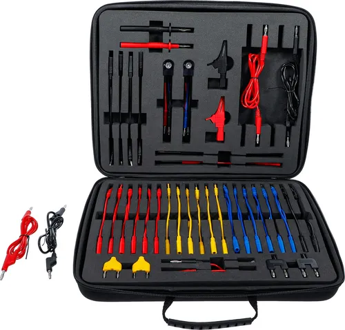 BGS technic Messkabel- und Prüfspitzen-Satz | 92-tlg. - Vielseitiger Spannungsprüfer-Satz für Kfz-Elektrik, ideal zur professionellen Adaptierung an Prüfgeräte wie Multimeter und Oszilloskope, inklusive nützlicher Adapter für präzise Messungen.