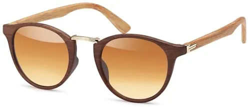 styleBREAKER Sonnenbrille in Holz Optik und runden Gläsern, Kunststoff-Metall-Gestell, Unisex 09020083, Gestell Braun-gold / Glas Braun Verlauf,