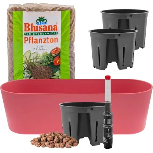 Leni Flori Jardiniere Blumentopf Himbeer länglich 36 cm Hydrokultur-Komplett-Set mit Übertopf Hydro-Töpfen Wasserstandsanzeiger & Pflanzton