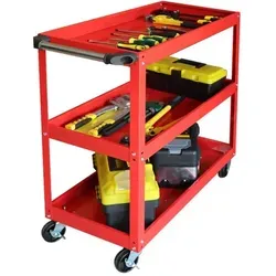 relaxdays Werkstattwagen rot – 3 Ebenen, 100 kg Traglast - Optimiere Deine Werkstatt mit dem stabilen Werkzeugwagen. 3 großzügige Ablagen bieten viel Stauraum, während die 360° drehbaren Räder und der handliche Griff für mühelosen Transport sorgen.