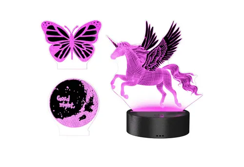 MyBeo LED Nachtlicht 3D Effekt Tischlampe für Kinder, Jungs & Mädchen, Nachtleuchte dimmbar, Dimmfunktion, Farbwechsel, mehrere Helligkeitsstufen, Nachtlichtfunktion, LED fest integriert, Farbwechsler, 3 Motive Einhorn, Schmetterling & Mond, Farbwechsel, Fernbedienung