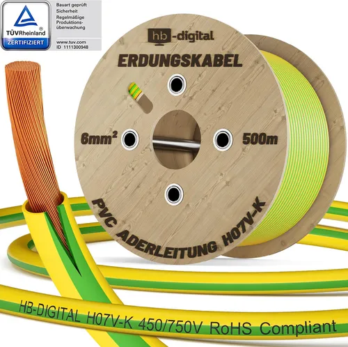 HB-DIGITAL PVC Aderleitung H07V-K - Solarkabel für flexible Installation, 6mm² grün-gelb, ideal für Schalt- und Verteilungsanlagen, hohe Betriebstemperatur und hervorragende Flexibilität.