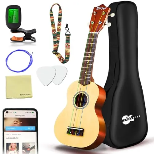Everjoys Sopran Ukulele Set für Anfänger 21 Zoll Ukulele Starter Kit mit Kostenlose Online-Kurse, Tasche, Tuner, Saiten, Pick, Kleine Hawaii Gitarre Natur