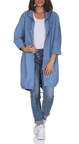 Damen lange Übergangsjacke Parka mit Kapuze Outdoor stylischer Mantel 25611 (DE/NL/SE/PL, Numerisch, 36, 42, Regular, Regular, Blau)