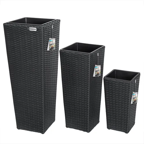 DeubaXXL DE Polyrattan Blumentopf 3er-Set Schwarz 106644 - Garten-Zubehör, stilvolles 3er-Set aus handgewobenem Polyrattan, wetterfest und ideal für Innen- und Außenbereich mit integriertem Wasserablauf.