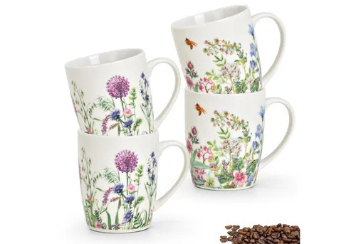 matches21 HOME & HOBBY Tasse 4er Set Wiesen-Blumen - Bunte Porzellan Tassen für Kaffee und Tee, spülmaschinenfest und ideal für Frühlings- und Sommermomente.