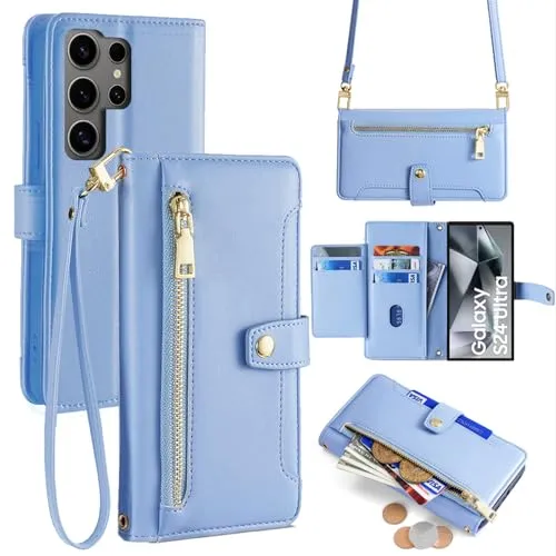 Handykette kompatibel mit Samsung Galaxy S24 Ultra | Leder Handyhülle mit Kartenfächern | Handyhülle zum Umhängen | Hellblau