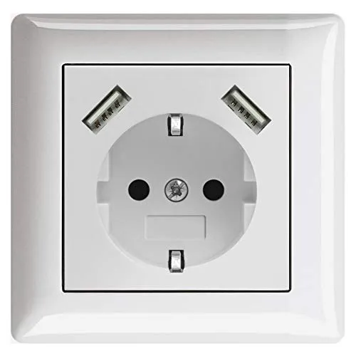V Steckdose mit 2 x USB Ladegeräten, Schuko Wandsteckdose Unterputz, passend für Gira System 55, Jung AS 500, Reinweiß glänzend, Alpinweiß, Weiß, TÜV Rheinland zertifiziert (Einfachsteckdose) 230