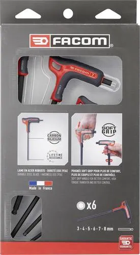 Facom Werkstatt Winkelschraubendreher-Set 6teilig - Schraubenschlüssel-Set mit 6 Innen-Sechskant Stiftschlüsseln, kugelförmiger Kopf für optimale Kraftübertragung und 