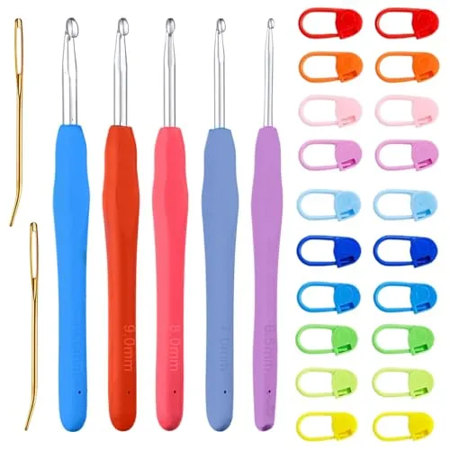 ZEPIQOR 5 Stück Häkelnadel Set,6.5-10Mm Ergonomische Häkelnadeln,Mit Marker Und Wollnadeln,Metall Häkelnadeln Mit Bunte Silikongriff Häkelnadel Für Anfänger (6.5/7.0/8.0/9.0/10.0Mm)