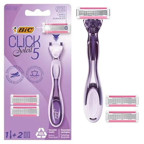 BIC Click 5 Soleil – Wiederaufladbarer Damenrasierer mit 5 Klingen und schwenkbarem Kopf und Gleitstreifen für eine präzise und komfortable Rasur – 1 Griff + 2 Nachfüllpackungen