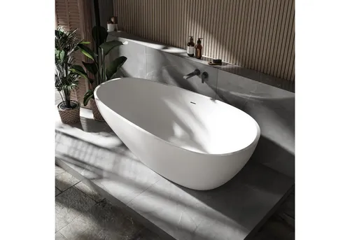 Bernstein Badewanne VELA STONE, Freistehende Badewanne aus Mineralguss - Elegante freistehende Badewanne aus hochwertigem Mineralguss in Weiß, 180 x 90cm - perfektes Design für ein luxuriöses Badeerlebnis.