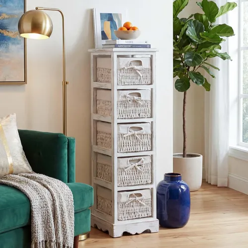 MCW Kommode Weiß aus Paulowniaholz - Stylische Kommode im Shabby-Look, fertig montiert, mit 5 geräumigen Maiskorbschubladen für optimalen Stauraum und Ordnung in jedem Raum.
