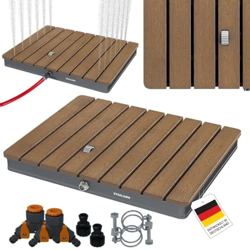 STEELSØN Samaya Bodendusche rechteckig – Wetterfeste Außendusche Braun/Grau mit Fußrad