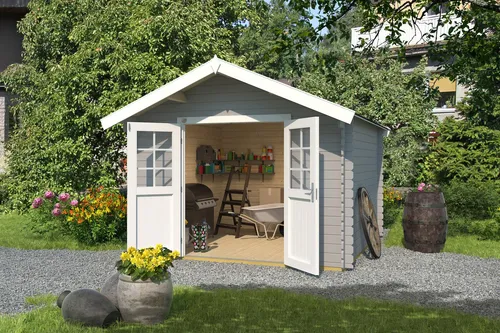 Gartenhaus weka 209 Gr. 3 – Lichtgrau 333 x 360 cm - Gartenhaus aus robustem Holz mit Satteldach, ideal für Stauraum und Gartenpflege. Perfekt für Ihren Garten!