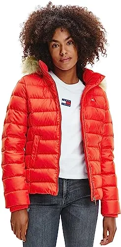 Tommy Jeans Daunenjacke BASIC HOODED DOWN JACKET - mit abnehmbarer Fellimitat-Kapuze, wärmend und stylisch in Deep Crimson (S)